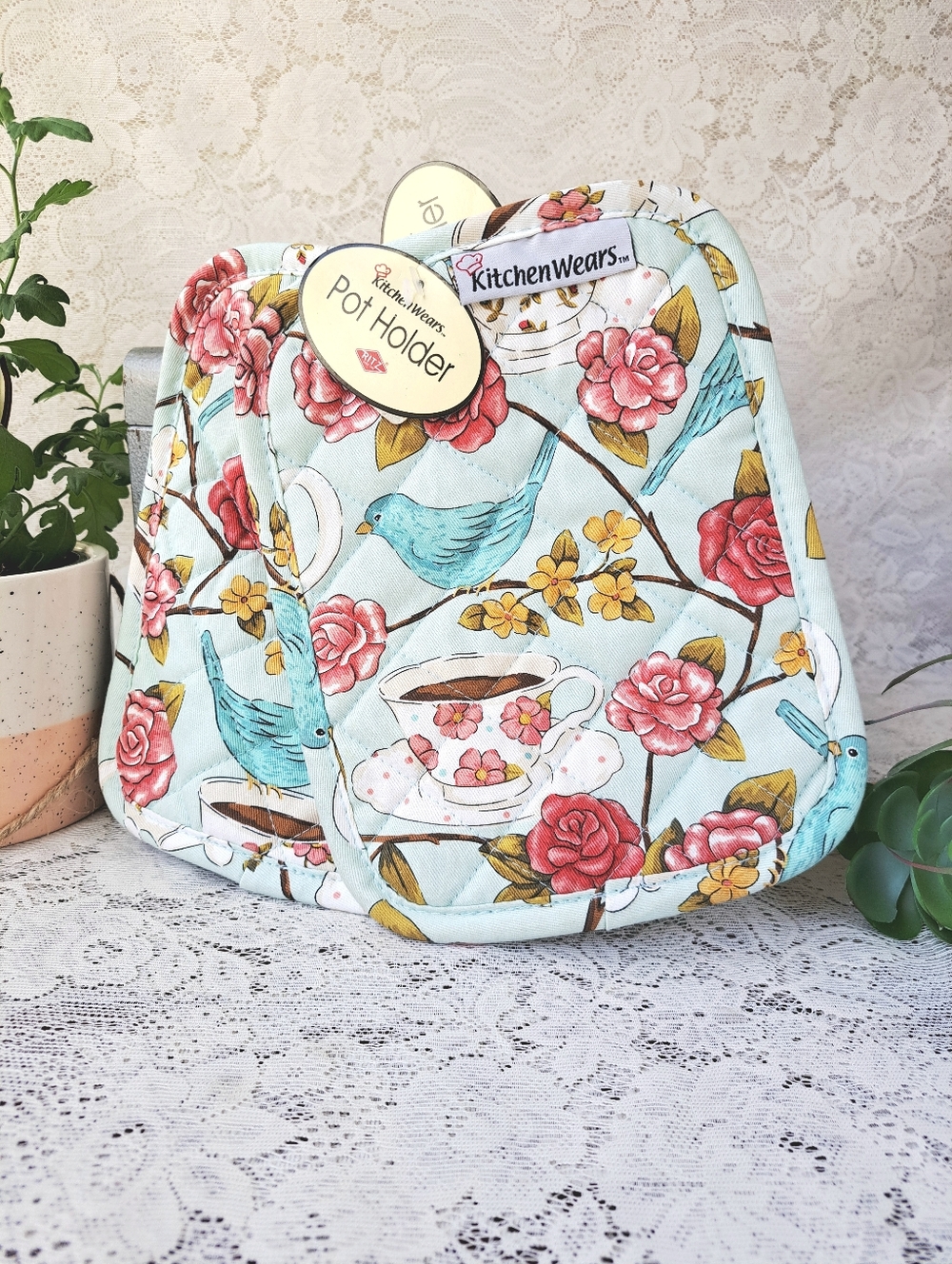 Pair Of Blue Kitchen Wears Quilted Pot Holders Floral Bird Teacup Pattern Nwt